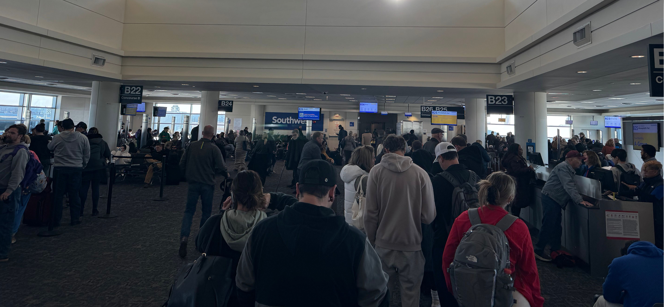 Crowded Southwest Airlines gate at Midway Airport during field research